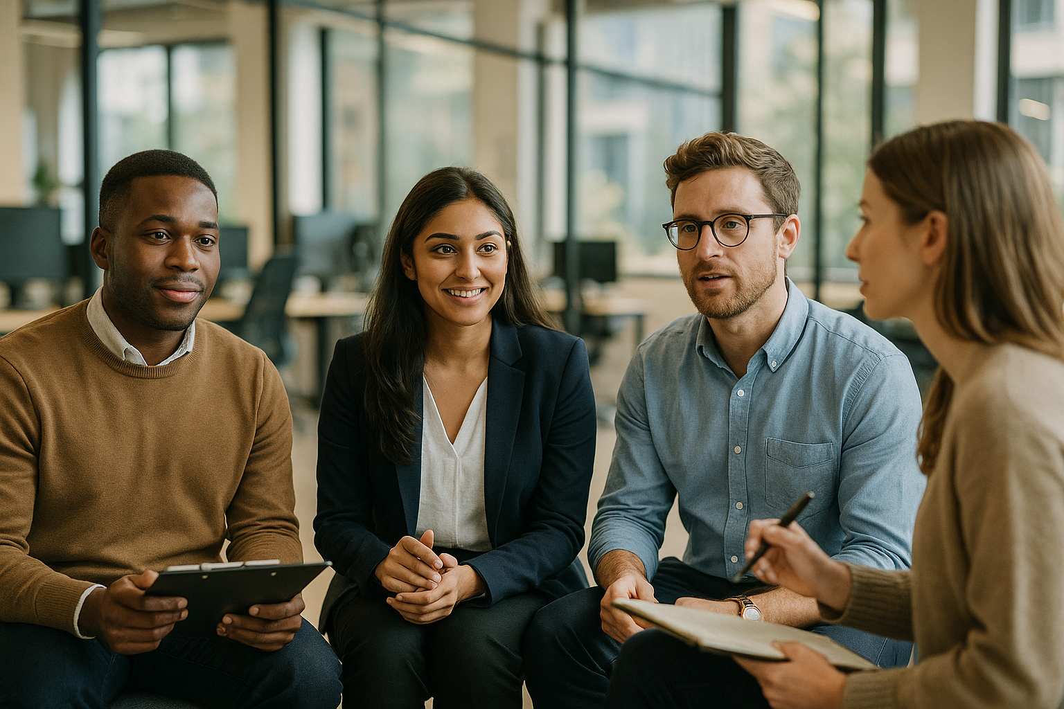 British professionals in a modern office discussing Graduate assessment centre UK