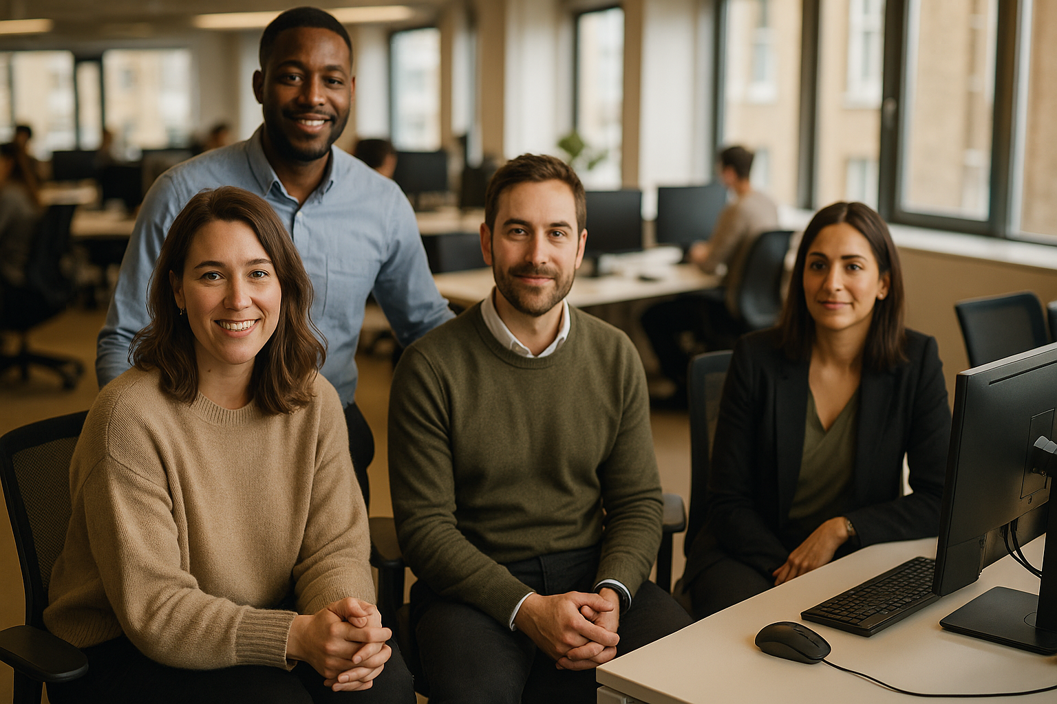 British professionals in a modern office discussing work life balance UK