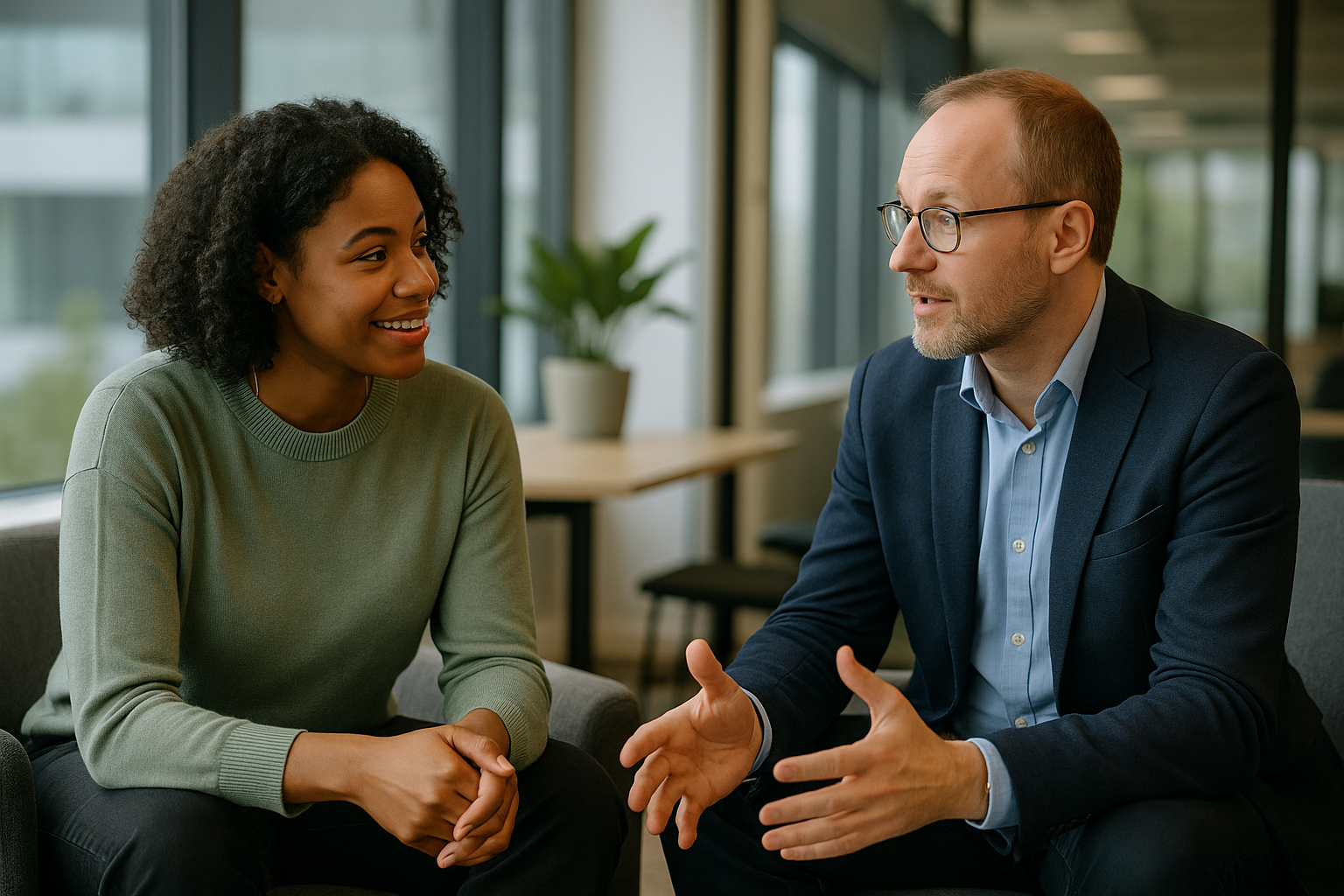 Two UK professionals discussing career next steps for work life balance UK