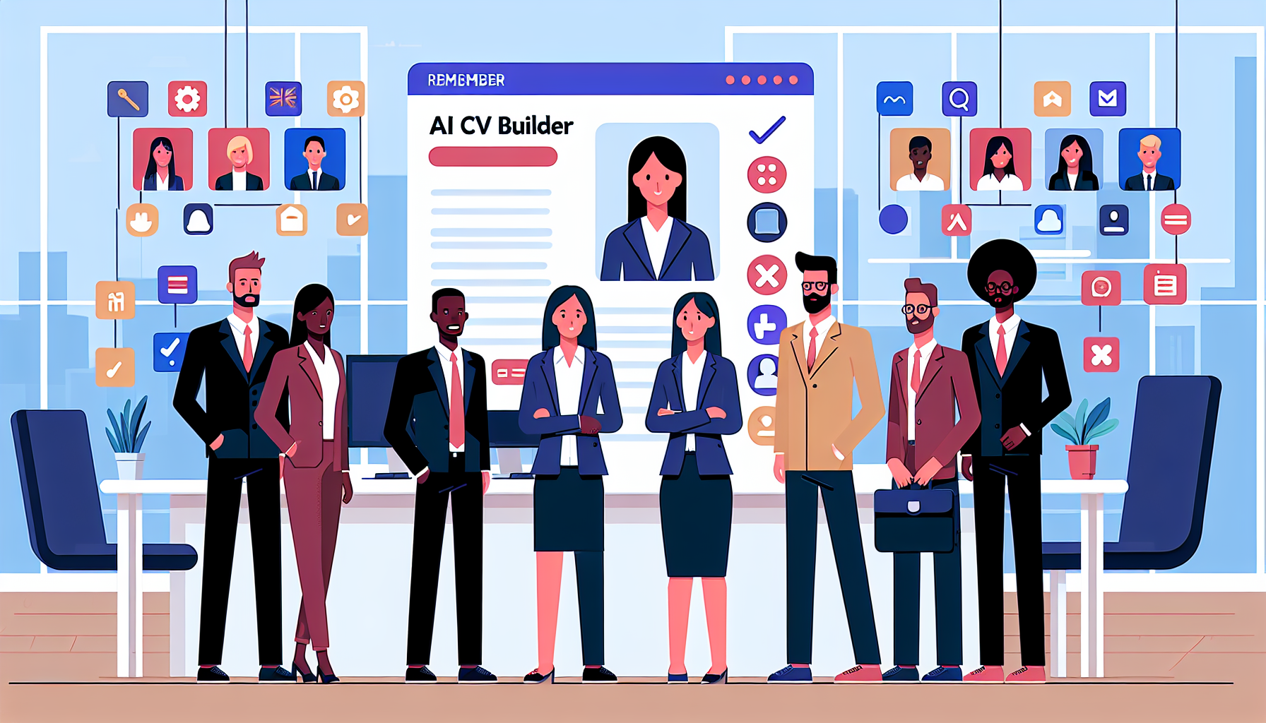 Diverse UK professionals using AI CV tools in a modern office