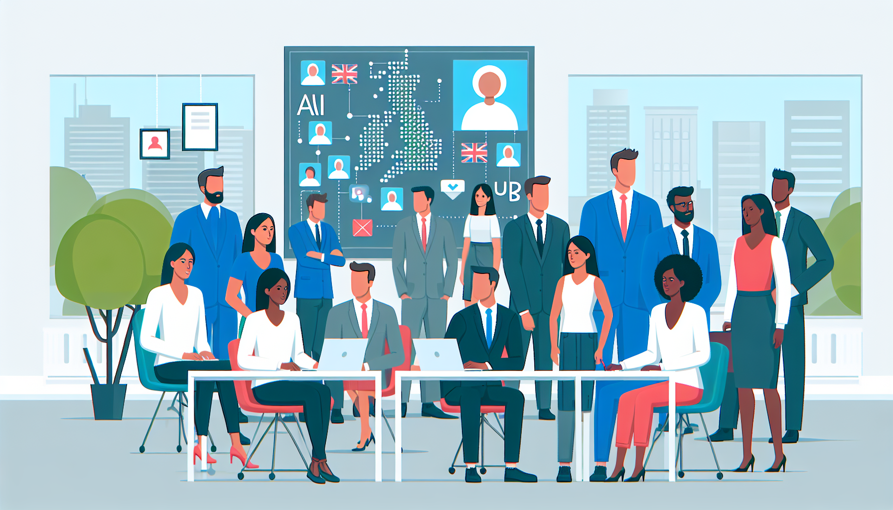 Animated illustration of UK professionals using AI technology in an office.