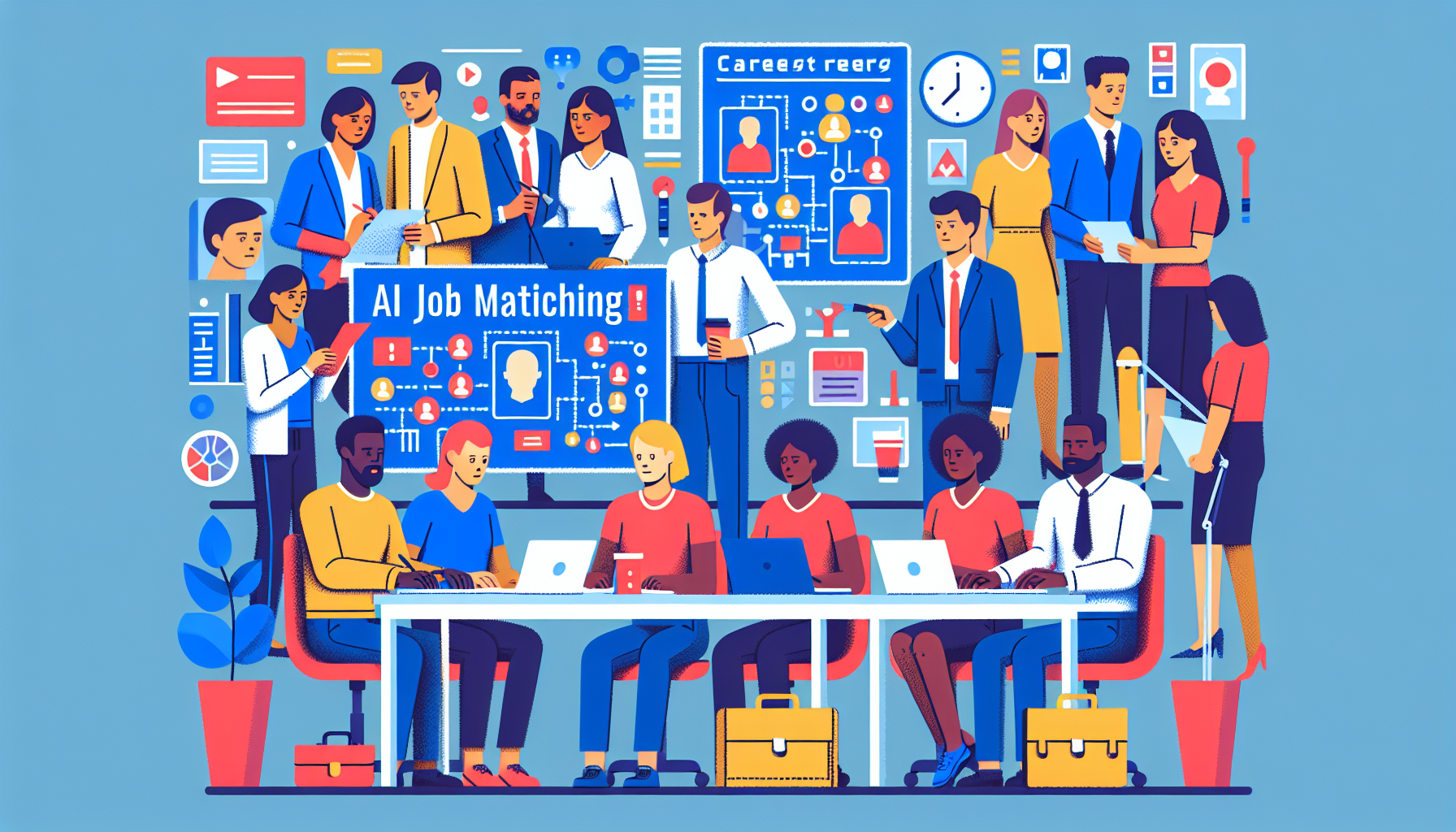 Team of cartoon UK professionals working on AI job solutions.