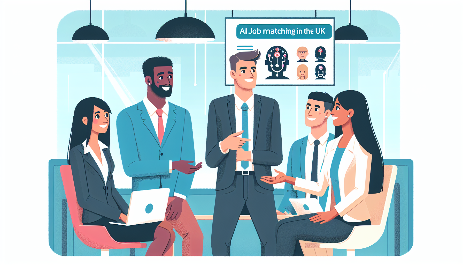 Animated group of diverse UK professionals discussing AI job matching.