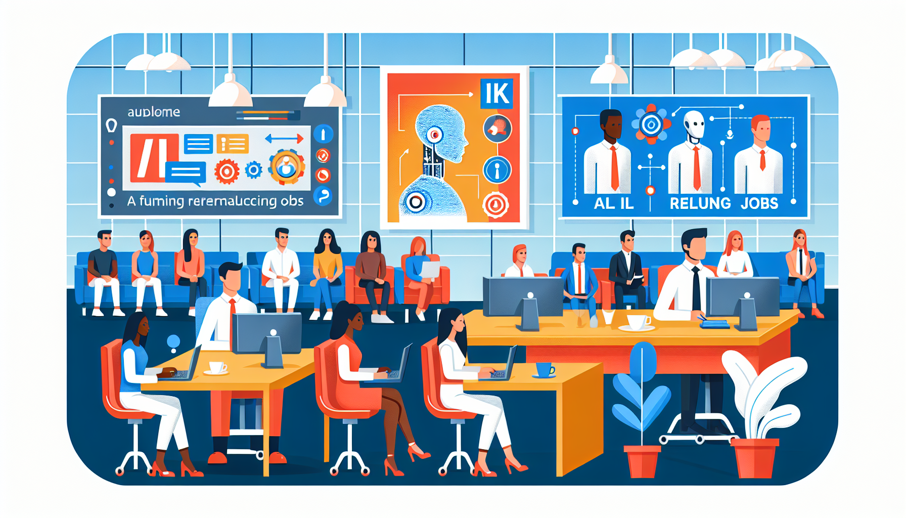 UK professionals in a modern office discussing AI job impacts