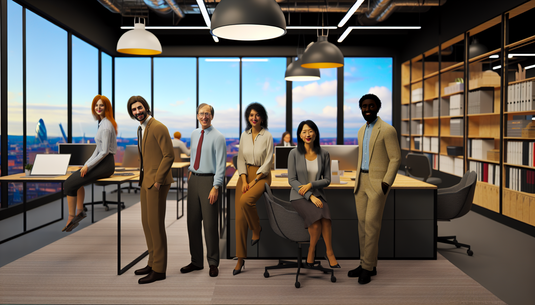 British professionals discussing annual leave policies in an open-plan office
