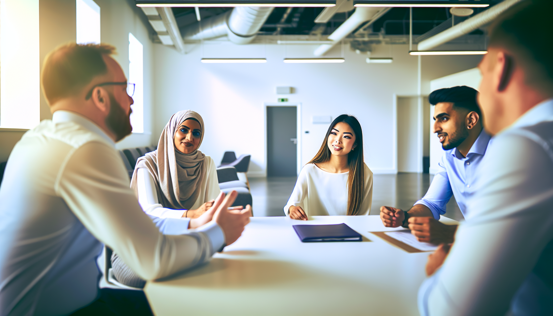 Team of UK professionals discussing leave policies in a bright office