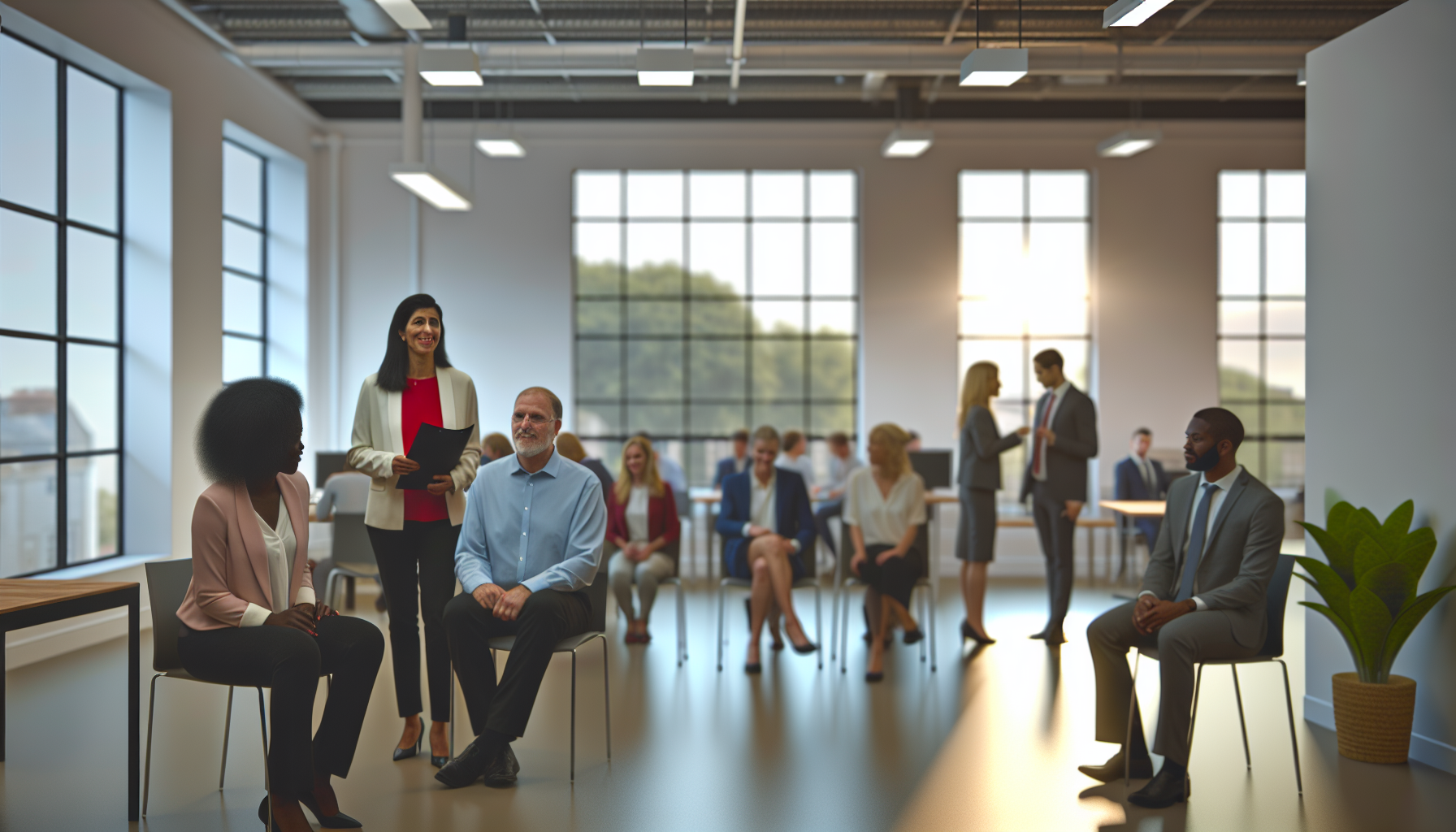 Diverse British professionals collaborating in a modern office setting