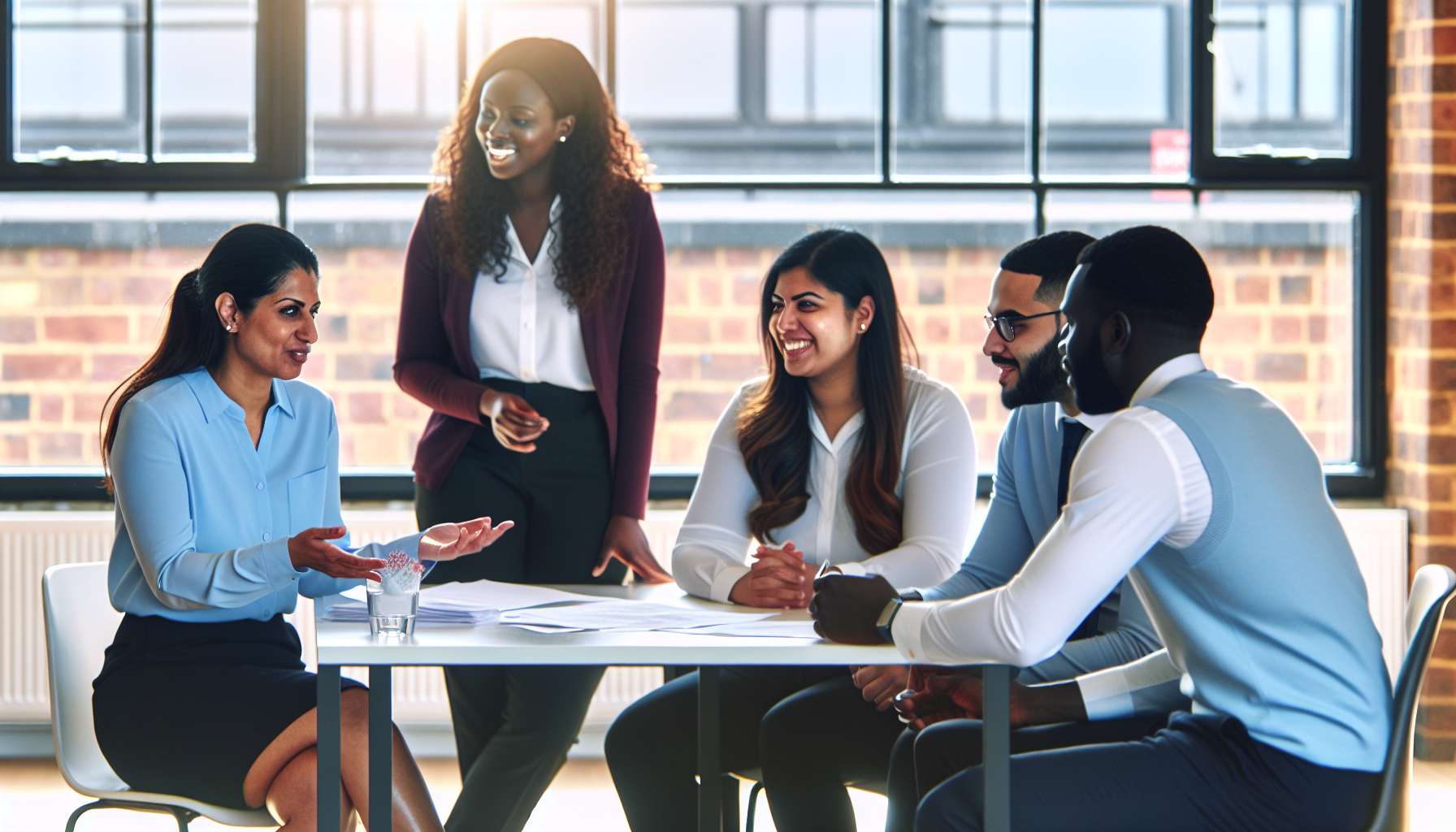 Diverse UK team in a relaxed discussion in a bright office