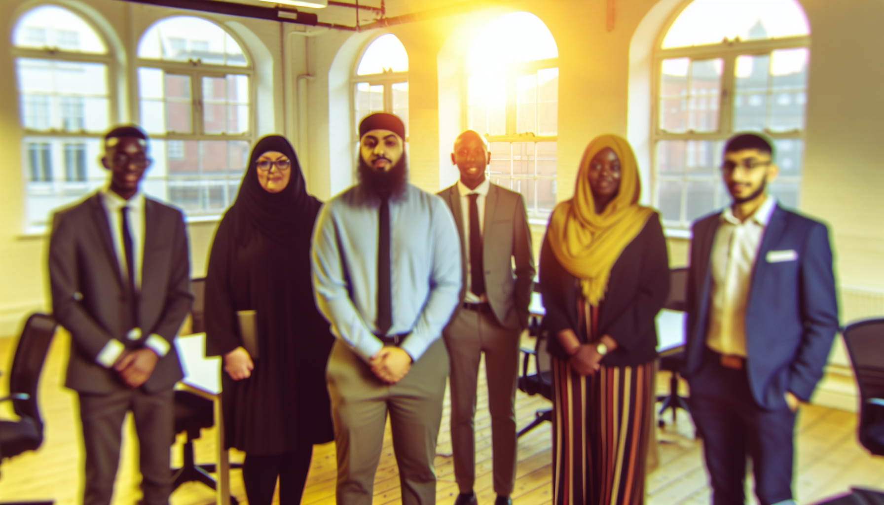 A diverse group of UK professionals collaborating in a modern office