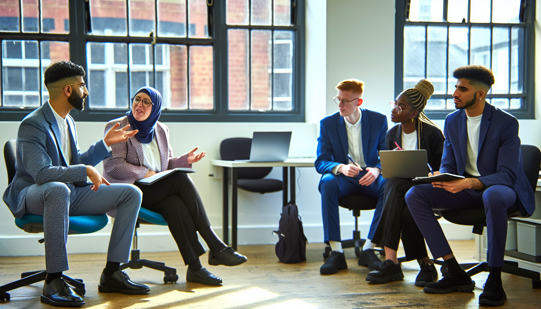 UK professionals having a collaborative discussion in an office