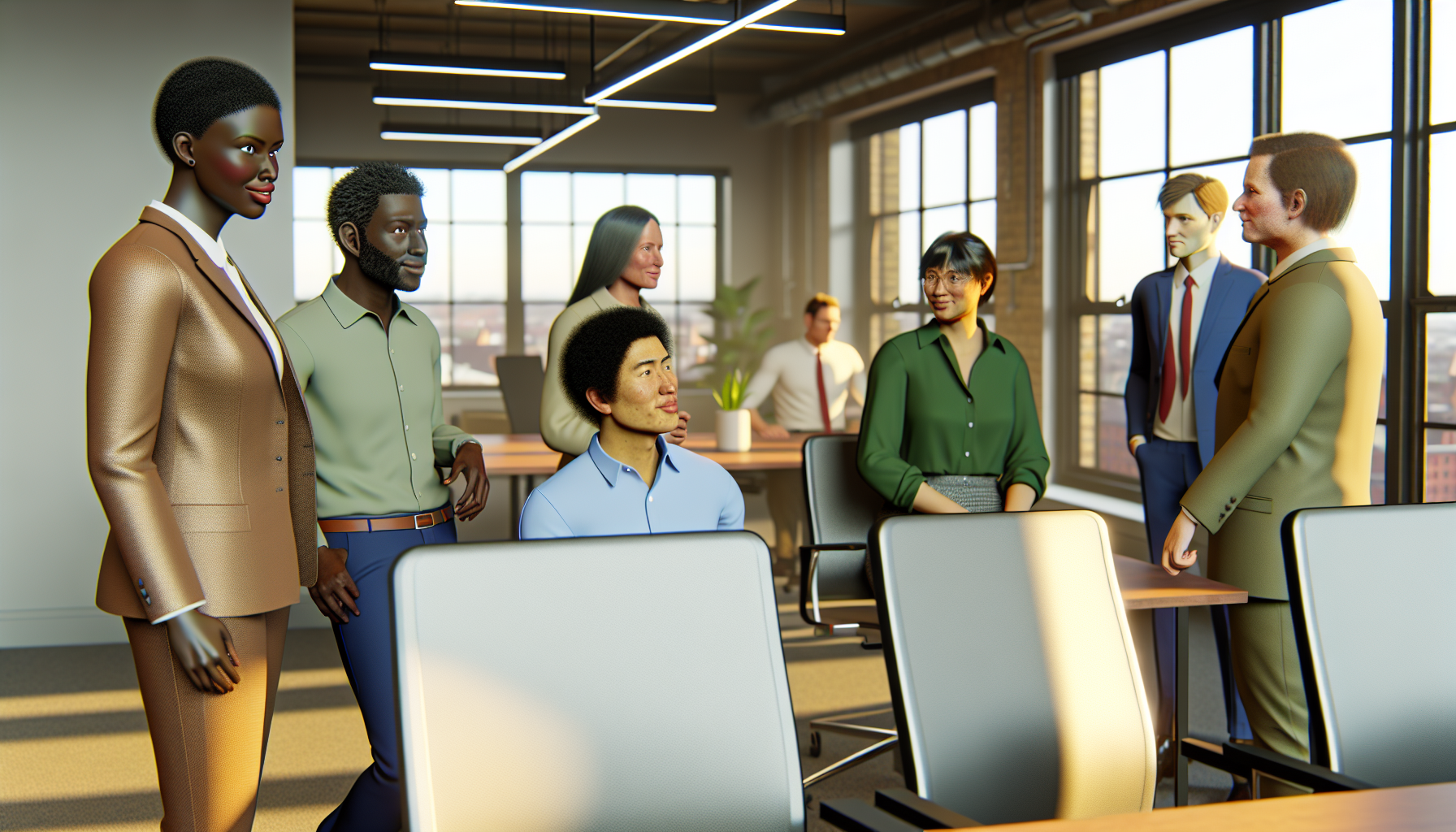 British professionals in a modern office discussing career opportunities
