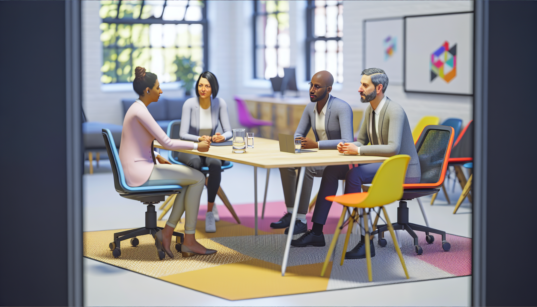 Diverse UK team in a meeting in a modern office.