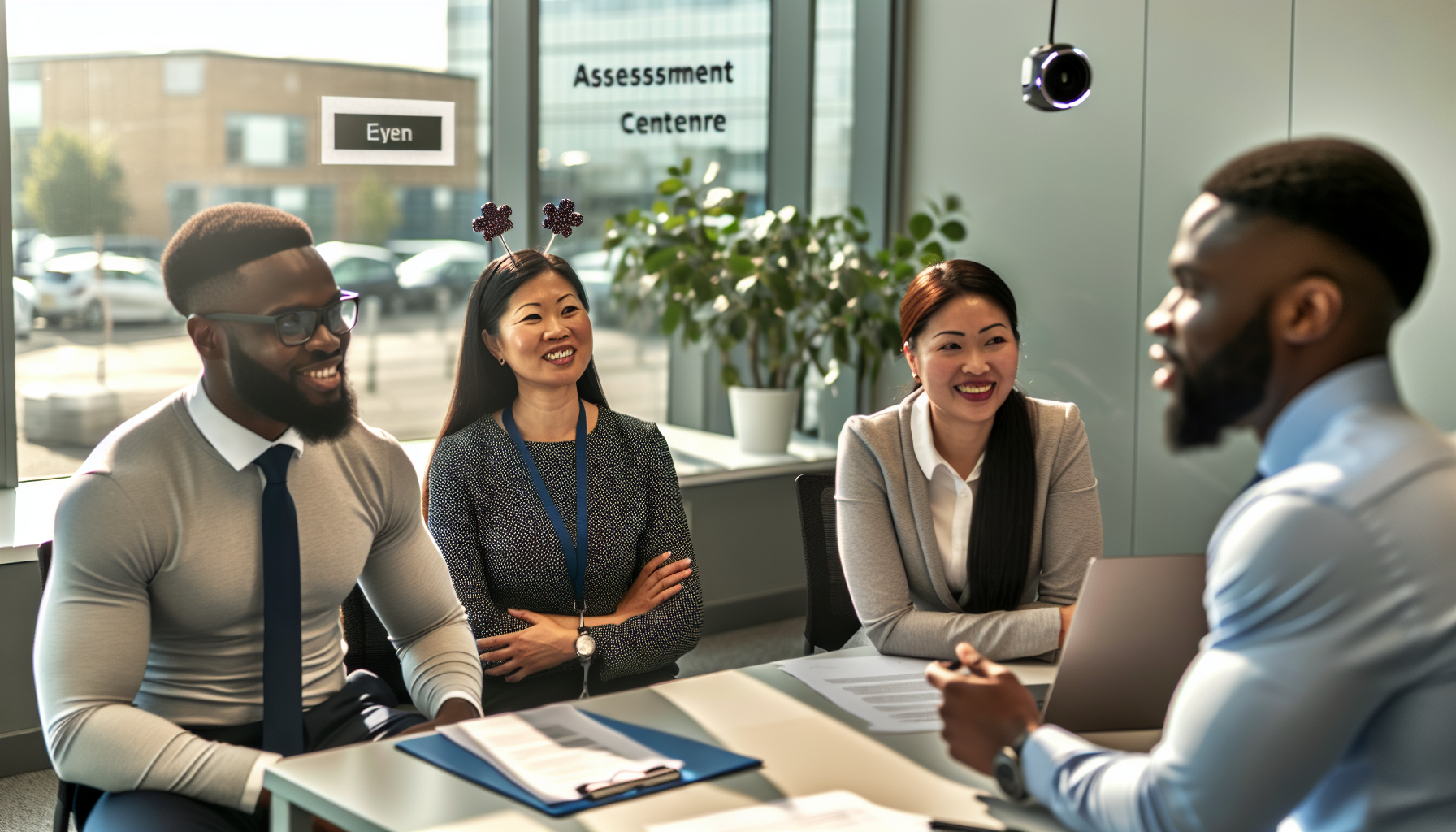UK professionals in a collaborative discussion in a bright office.