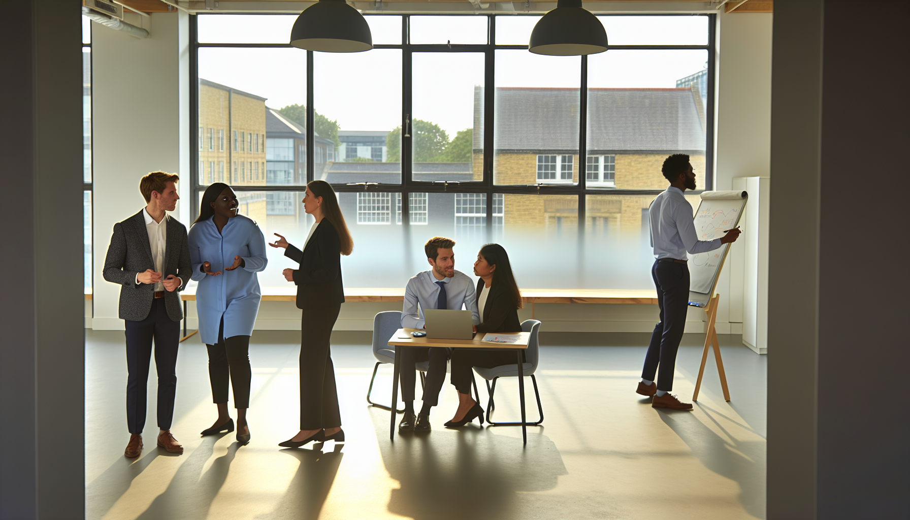 British professionals in an open-plan office discussing work
