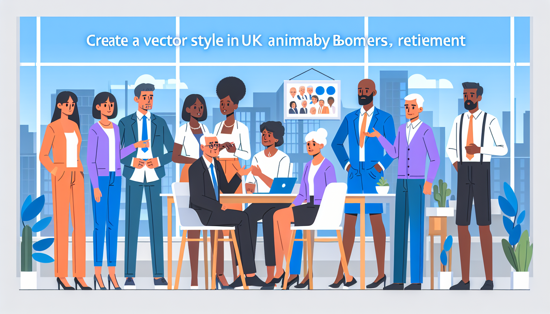 Diverse UK professionals discussing retirement in office setting