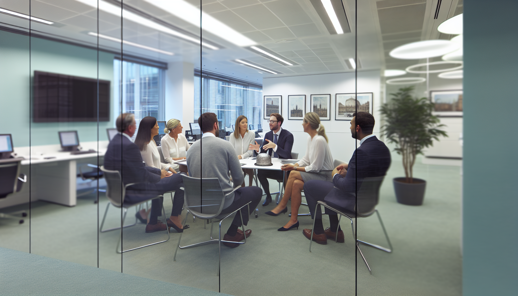 UK professionals in a team meeting discussing projects.