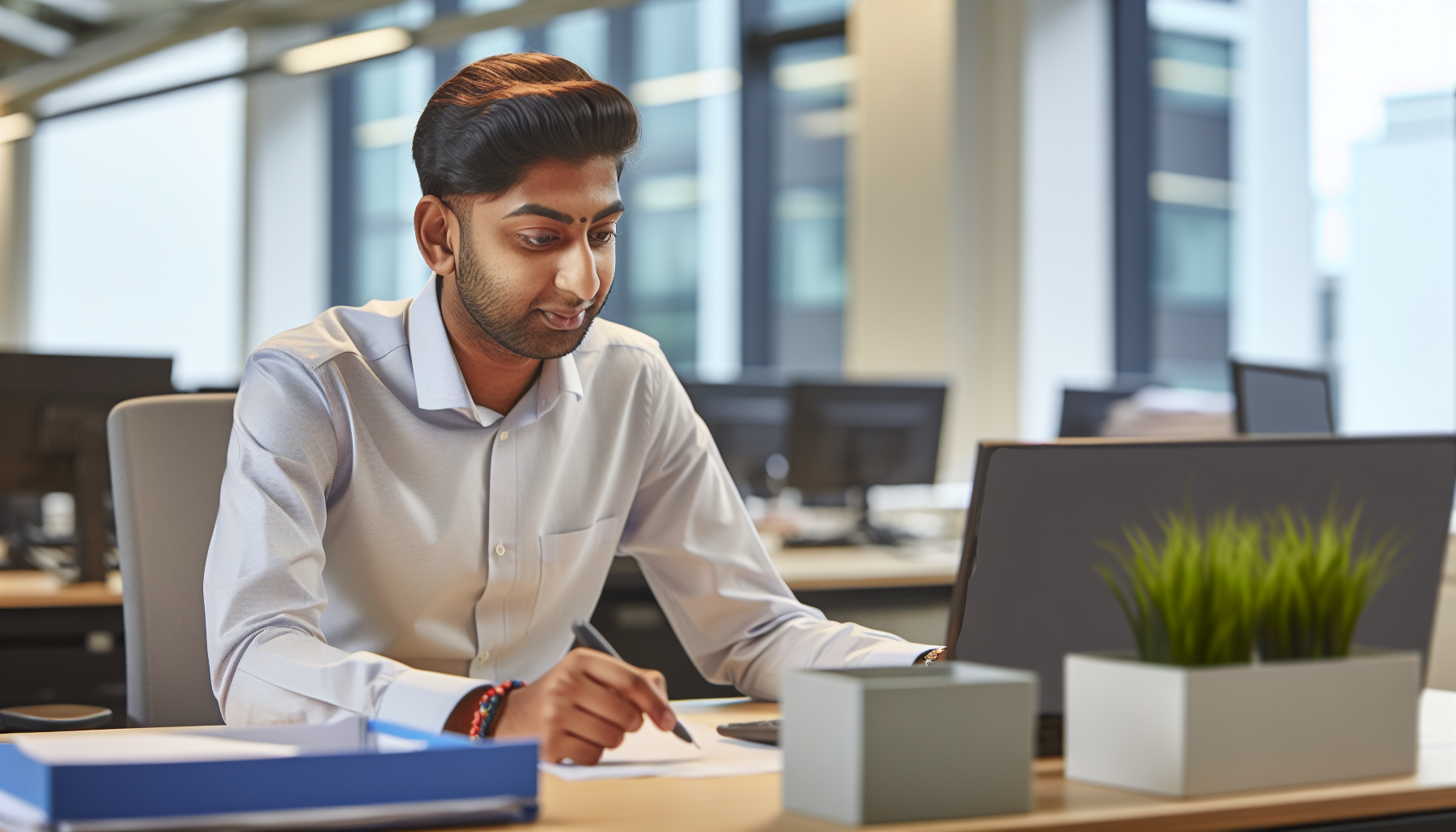 Individual UK professional focused on desk work.