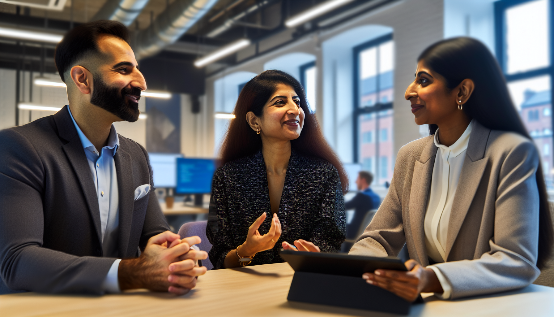 Professionals in a collaborative discussion in a bright UK office.