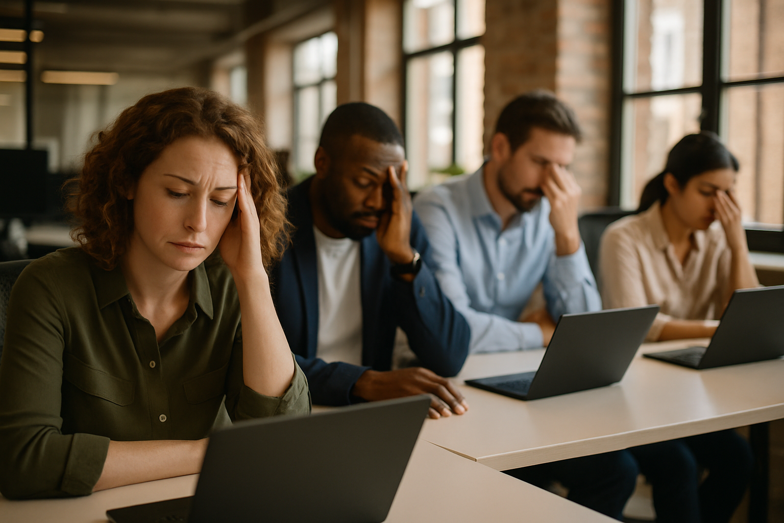 British professionals in a modern office discussing Zoom fatigue UK