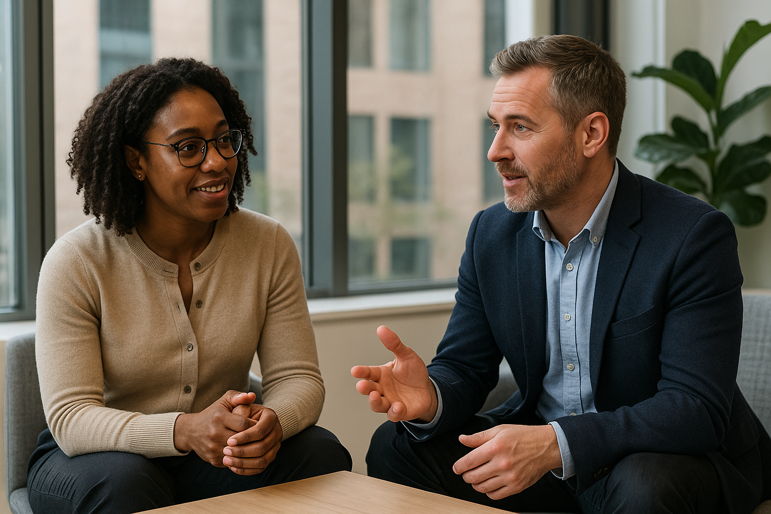 Two UK professionals discussing career next steps for Zoom fatigue UK
