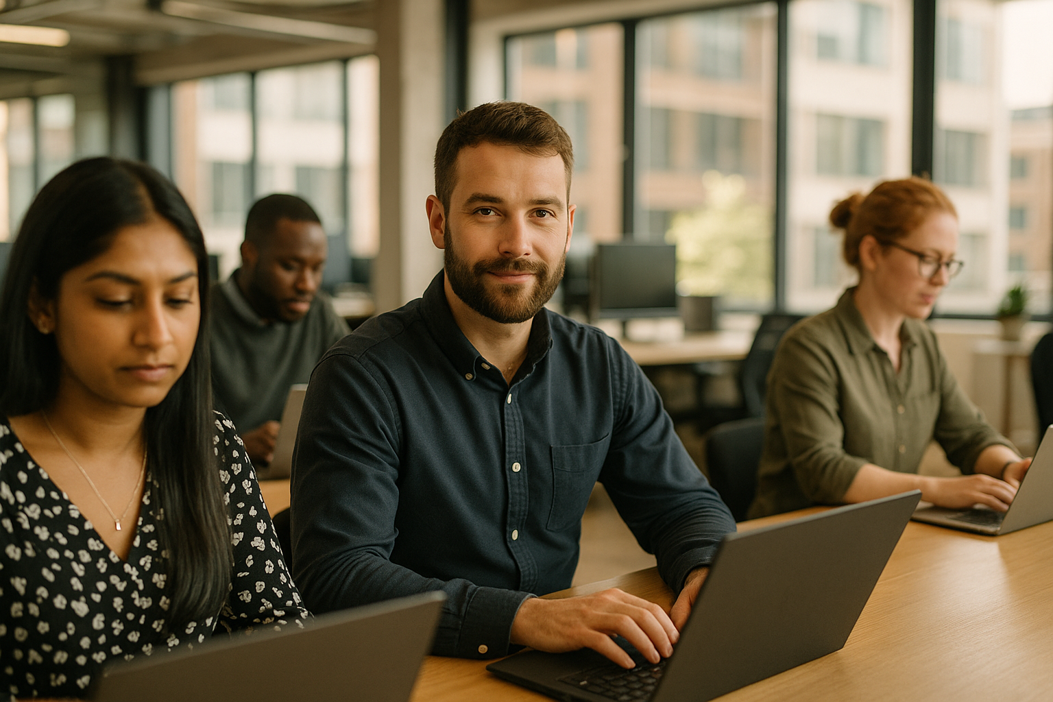British professionals in a modern office discussing penetration tester UK