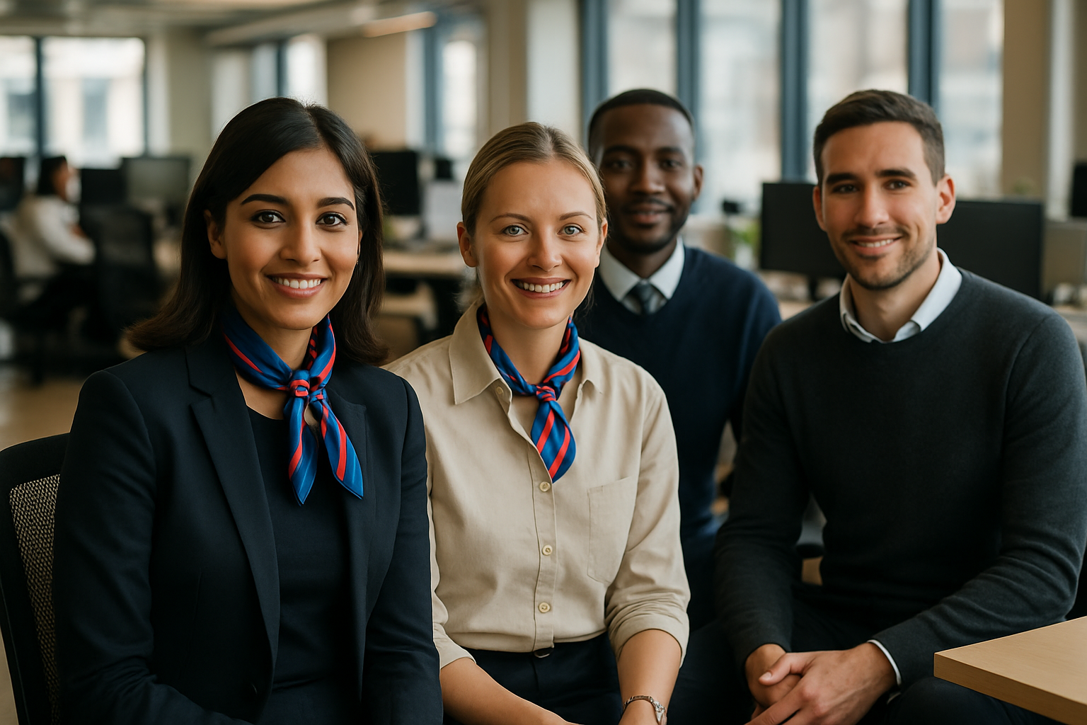 British professionals in a modern office discussing Airline cabin crew UK