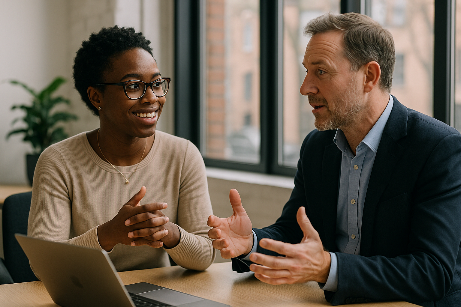 Two UK professionals discussing career next steps for electrician