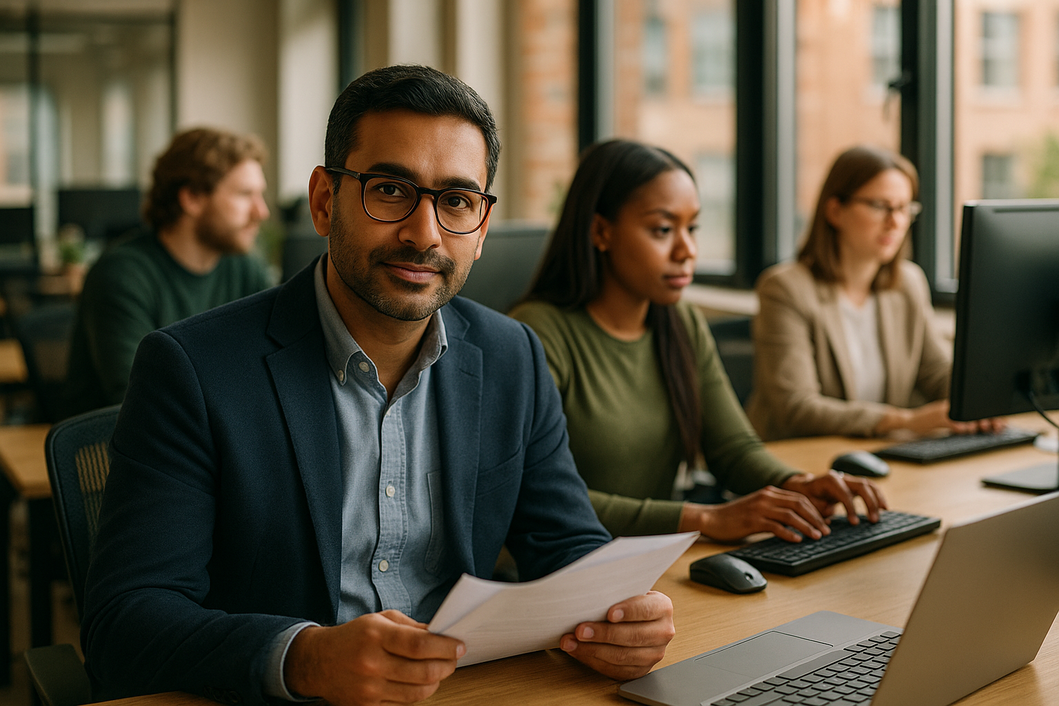 British professionals in a modern office discussing Intellectual property lawyer UK