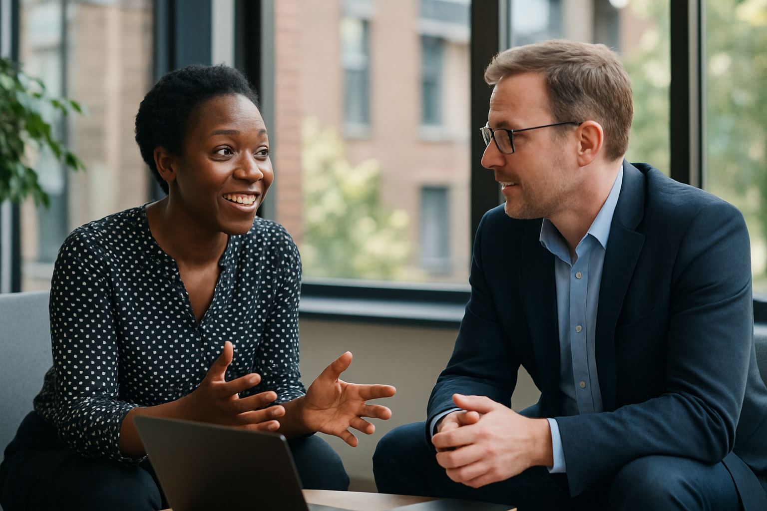 Two UK professionals discussing career next steps for biotechnologist UK