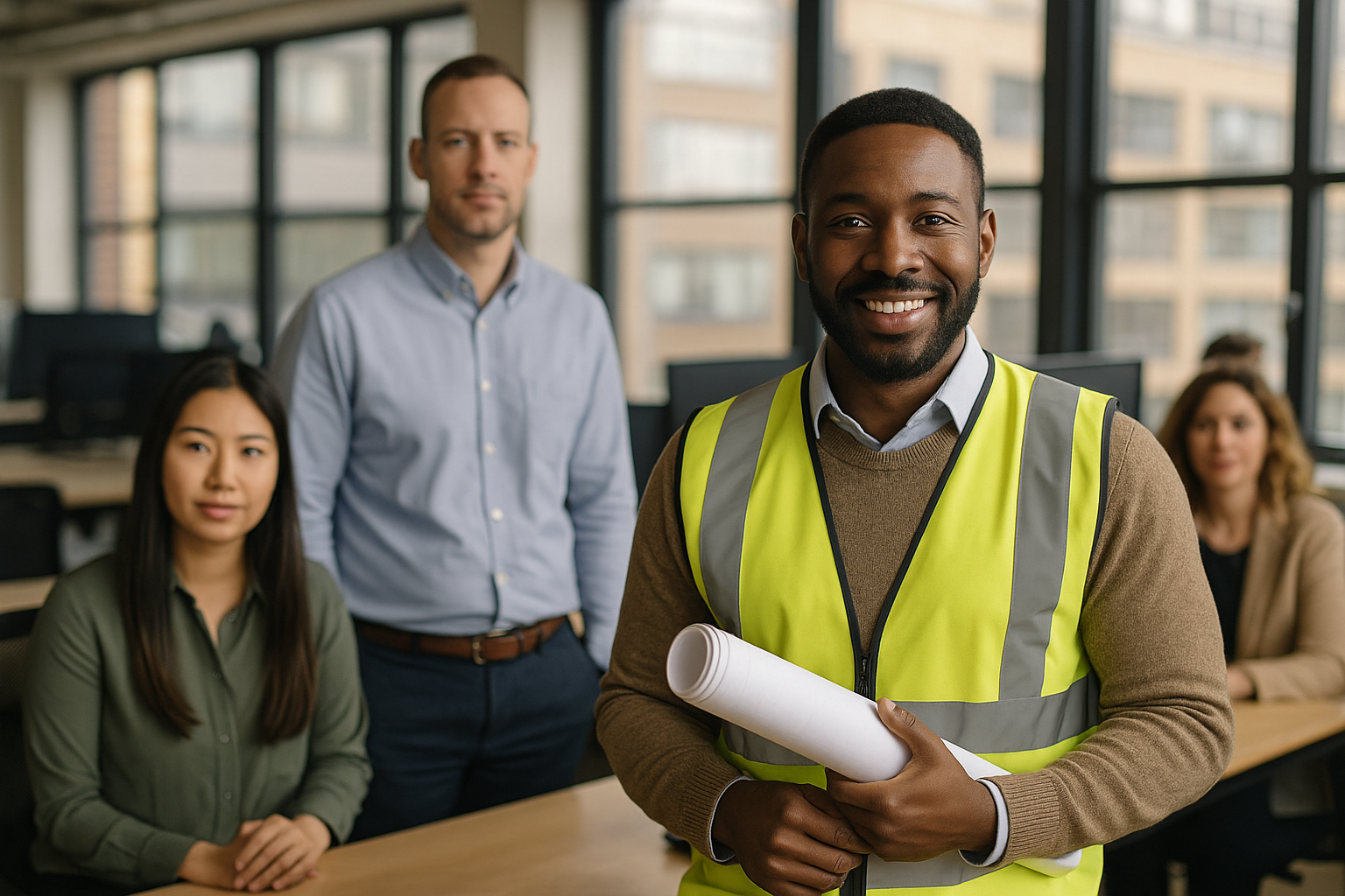 British professionals in a modern office discussing building control officer UK
