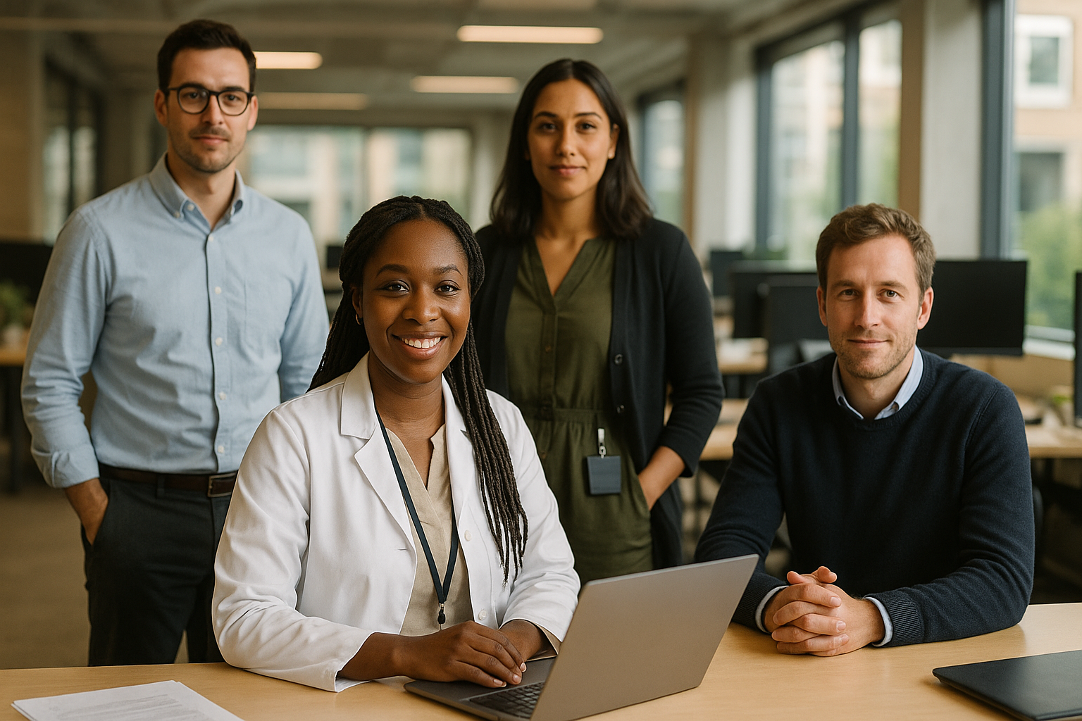 British professionals in a modern office discussing clinical researcher UK