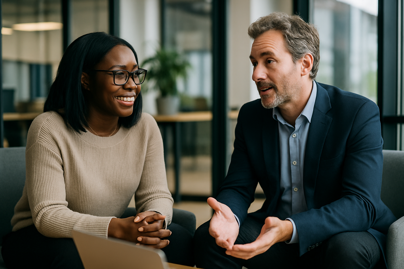 Two UK professionals discussing career next steps for clinical researcher UK