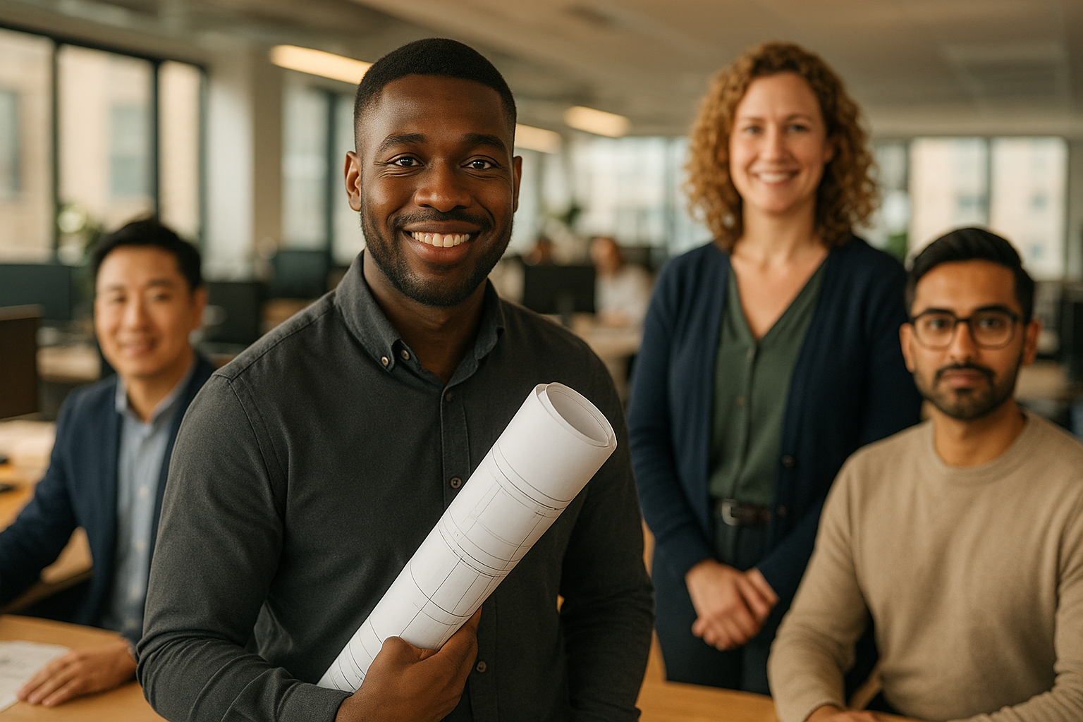 British professionals in a modern office discussing commercial property surveyor