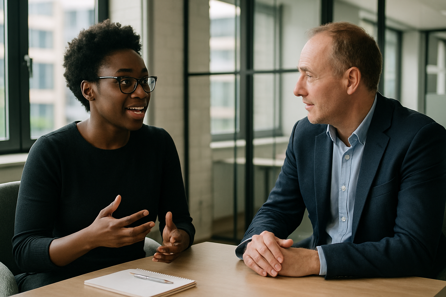 Two UK professionals discussing career next steps for commercial property surveyor