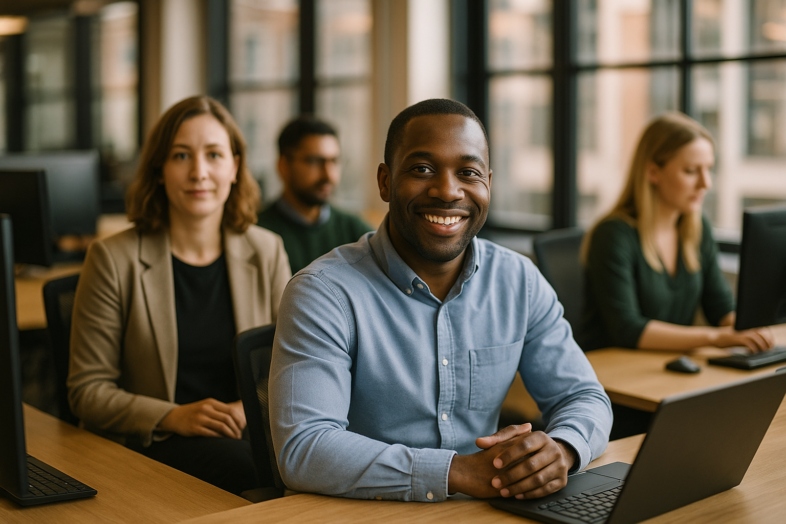 British professionals in a modern office discussing customer success manager UK