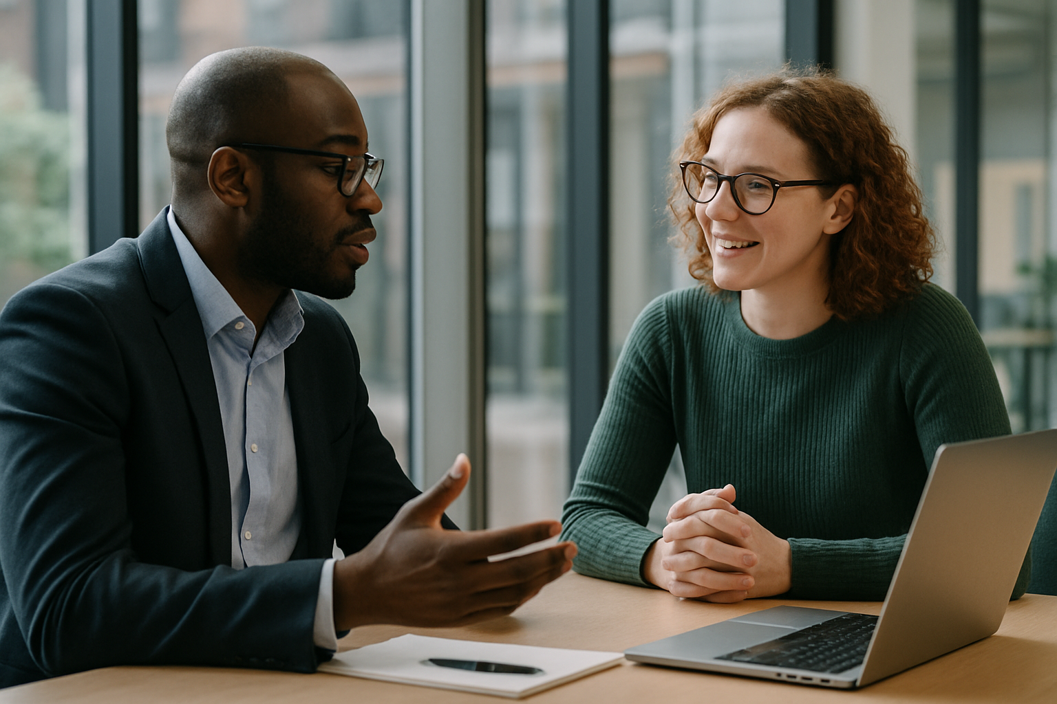 Two UK professionals discussing career next steps for customer success manager UK