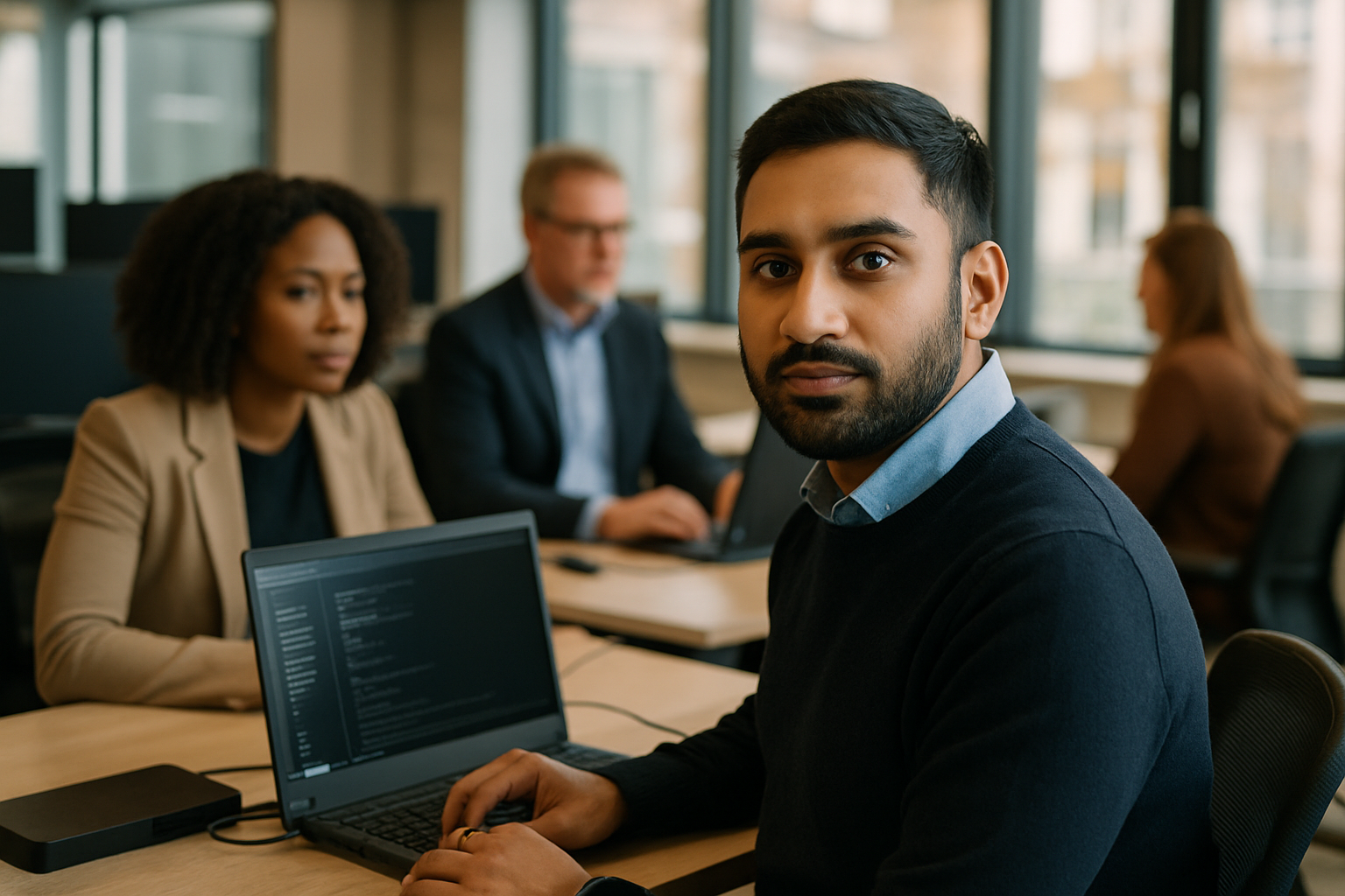 British professionals in a modern office discussing cyber security analyst UK