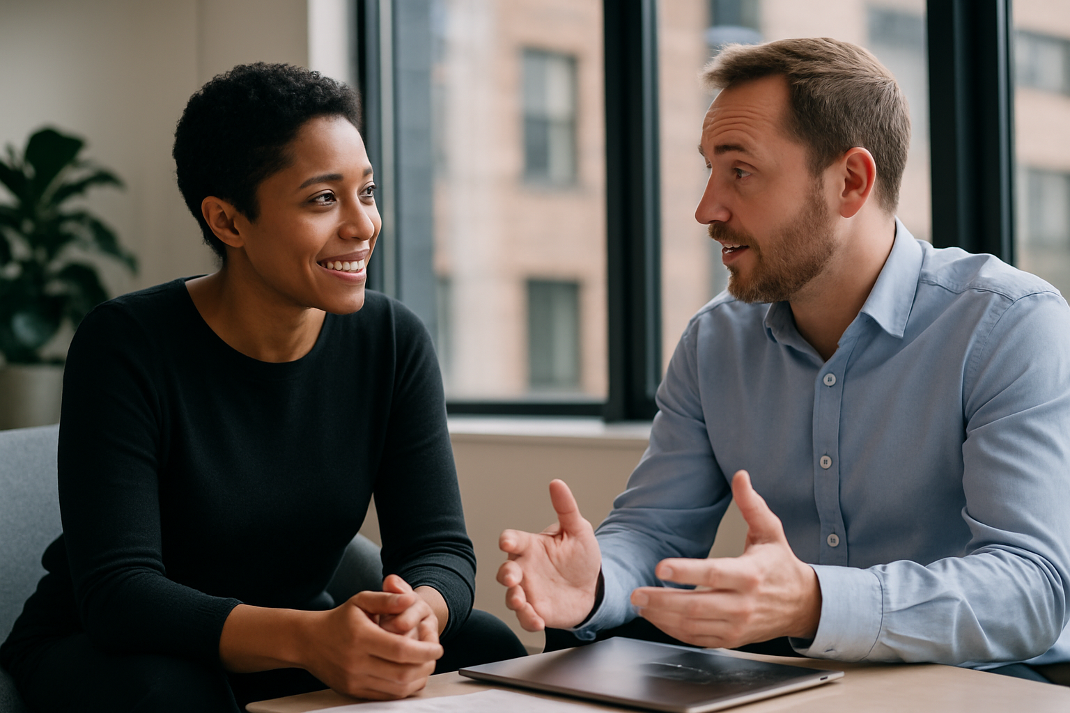 Two UK professionals discussing career next steps for cyber security analyst UK