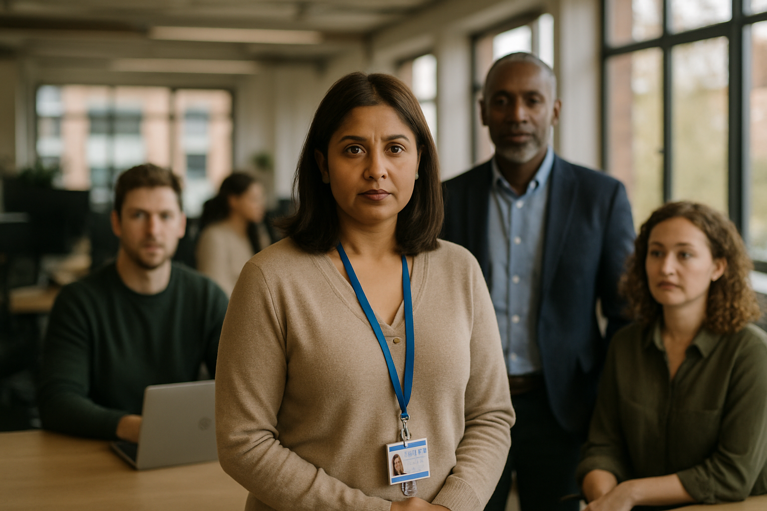 British professionals in a modern office discussing Domestic abuse worker UK