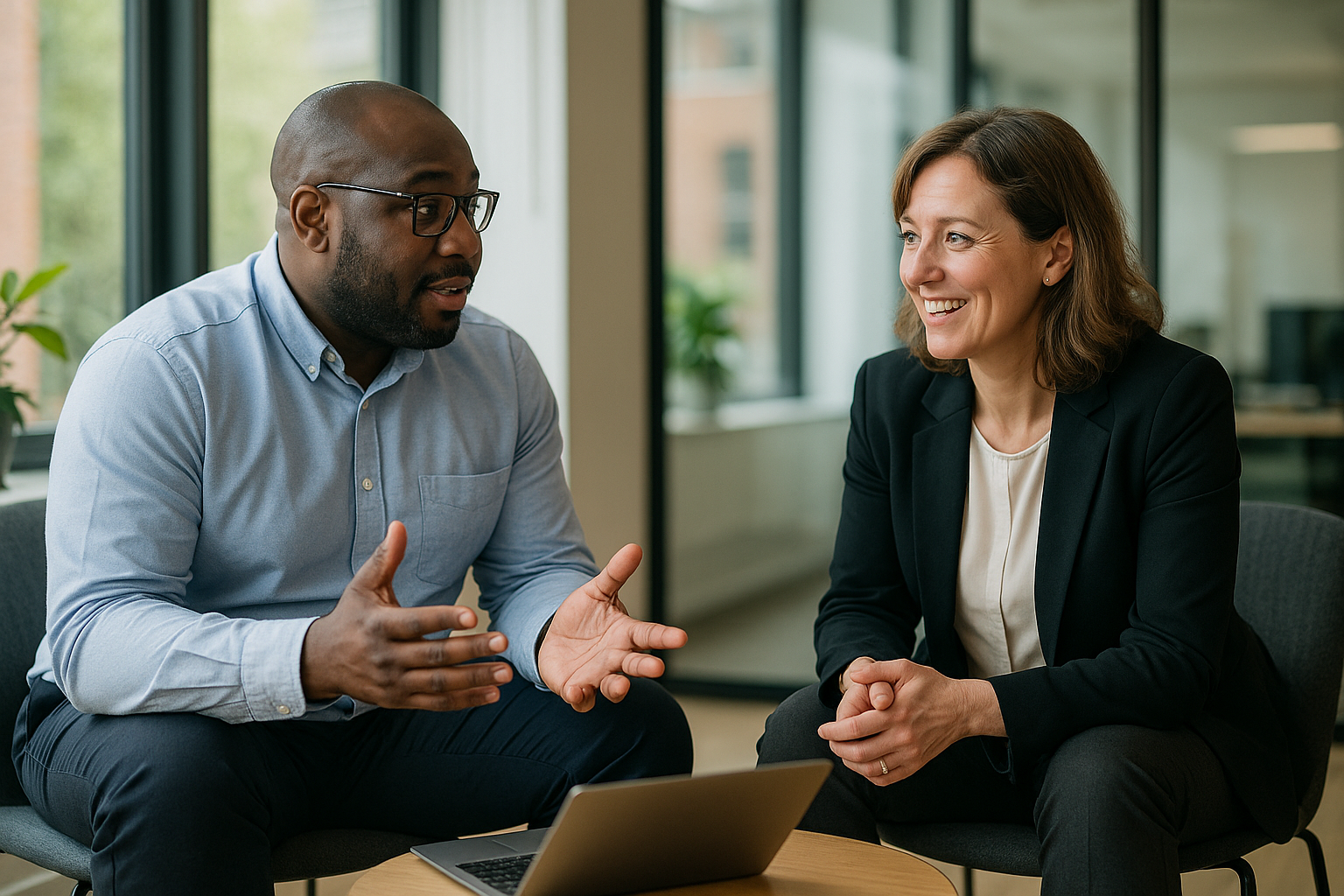 Two UK professionals discussing career next steps for Domestic abuse worker UK