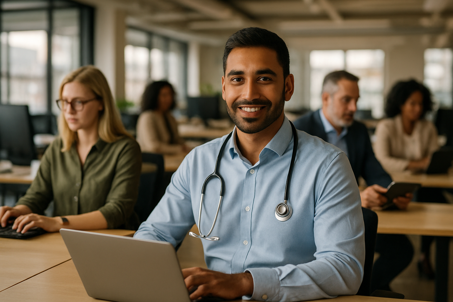 British professionals in a modern office discussing medical sales rep UK