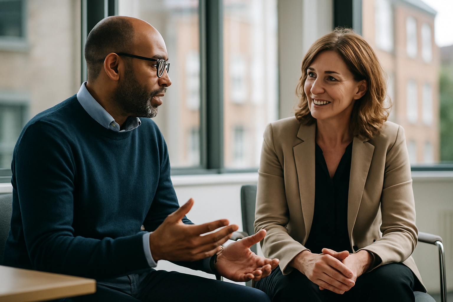 Two UK professionals discussing career next steps for medical sales rep UK