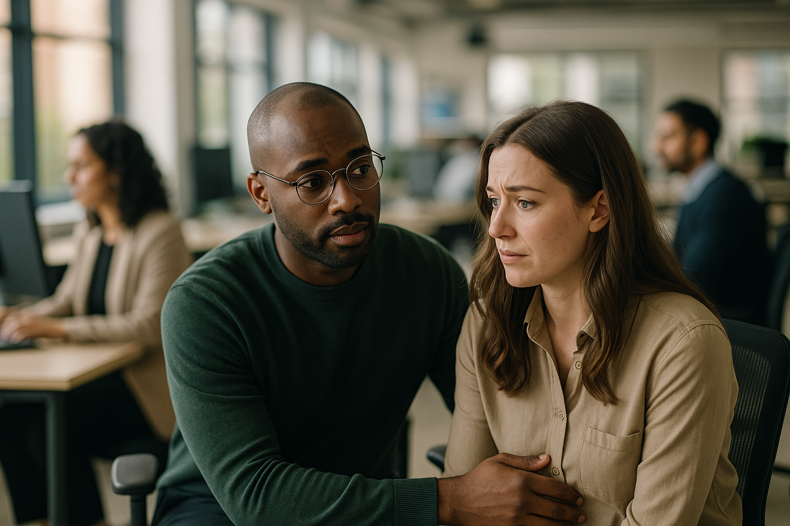 British professionals in a modern office discussing Mental health first aider UK