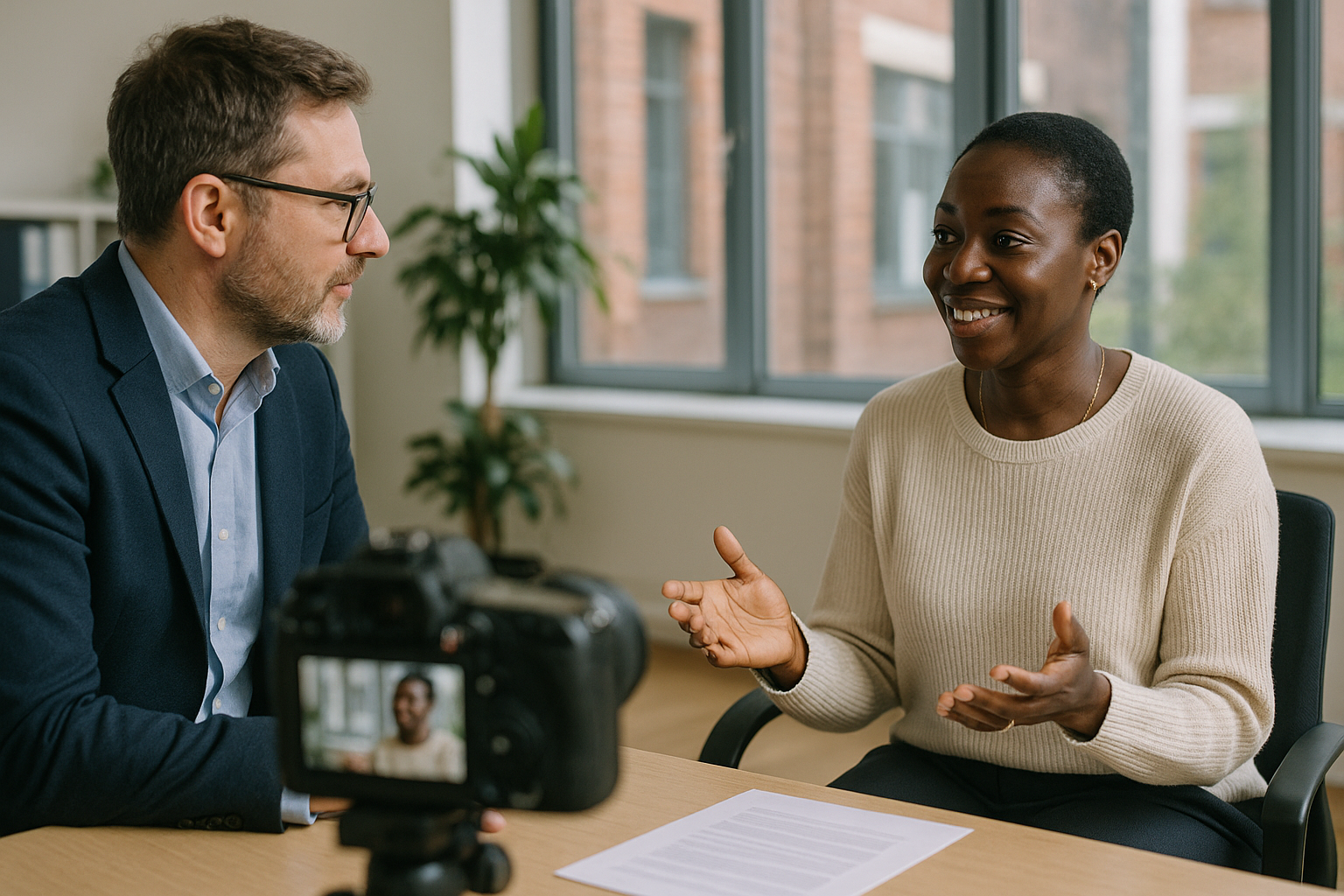 Two UK professionals discussing career next steps for Mental health first aider UK