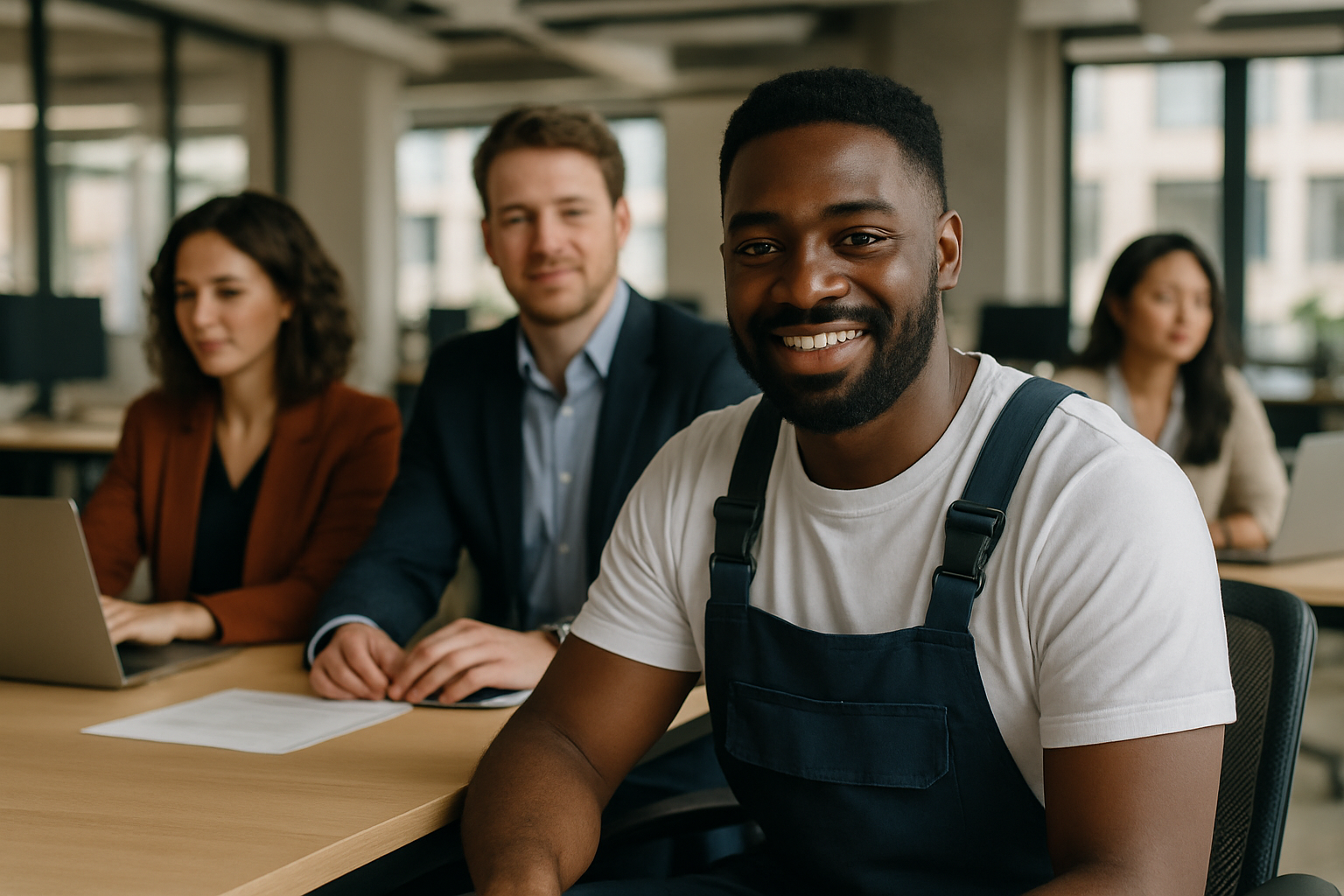 British professionals in a modern office discussing Plasterer UK