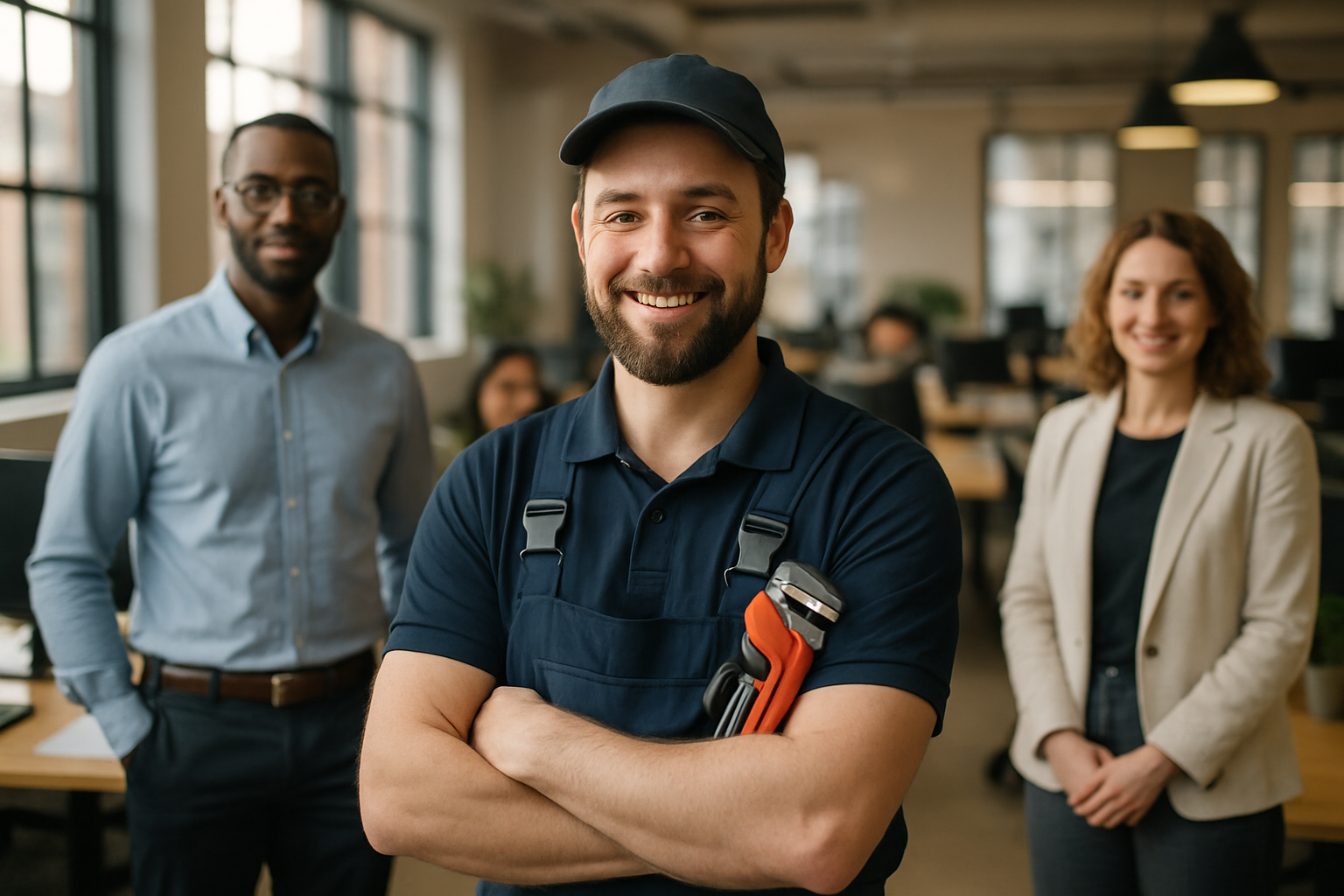 British professionals in a modern office discussing Plumber UK