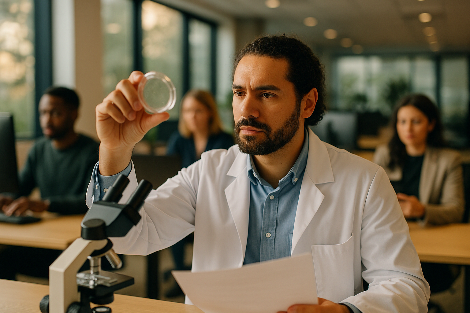British professionals in a modern office discussing Quality control scientist UK
