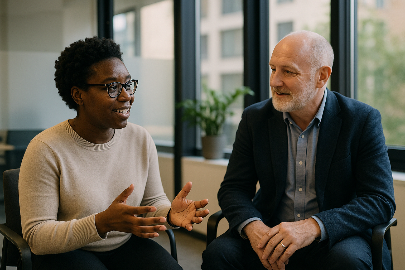 Two UK professionals discussing career next steps for Quality control scientist UK