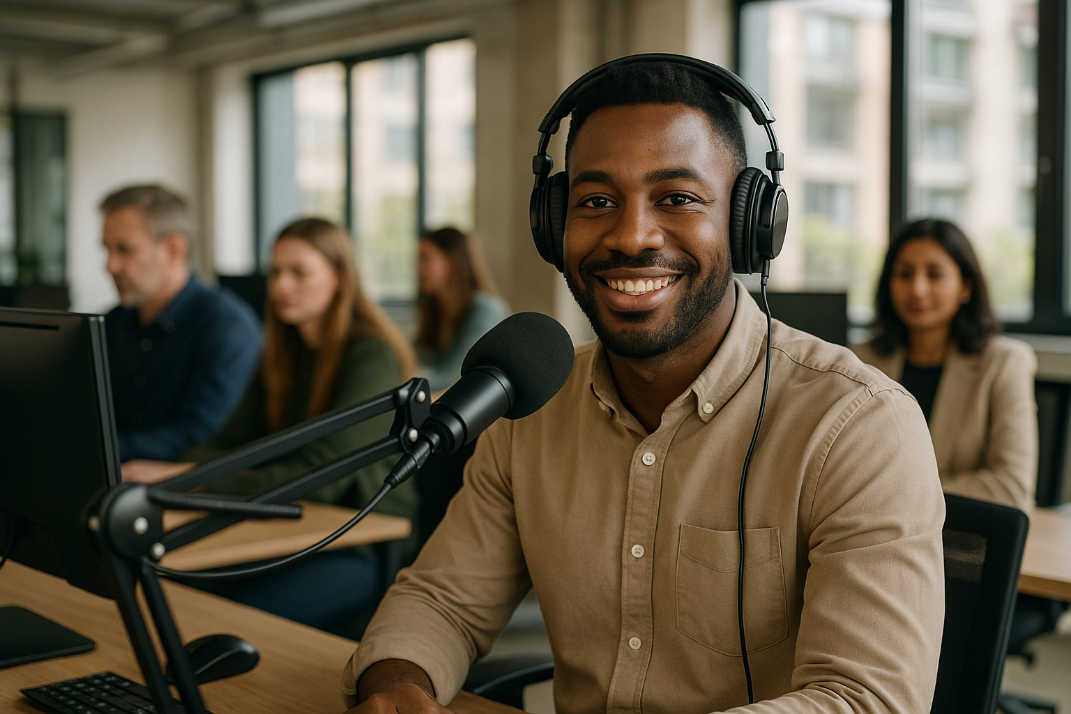 British professionals in a modern office discussing radio presenter UK