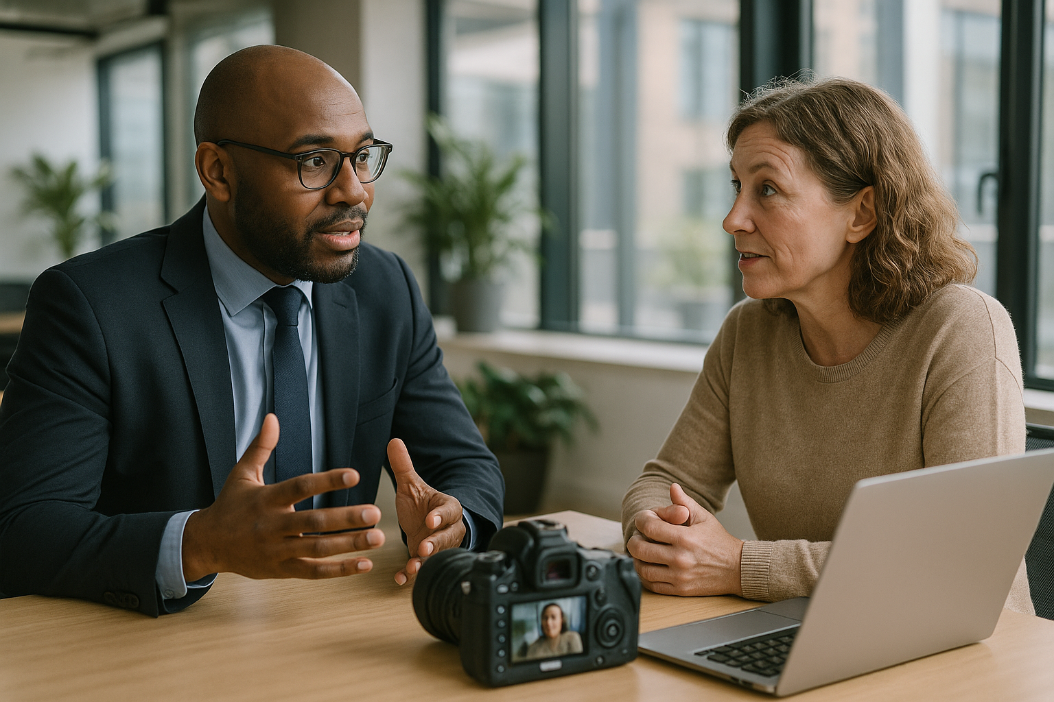 Two UK professionals discussing career next steps for radio presenter UK